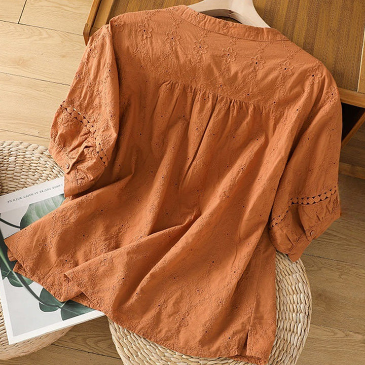 Koszula damska z bawełny i lnu z krótkim rękawem Buddha Stones Casual Plain Hollow Notched - image 1