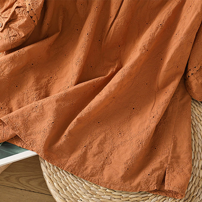 Koszula damska z bawełny i lnu z krótkim rękawem Buddha Stones Casual Plain Hollow Notched - image 5