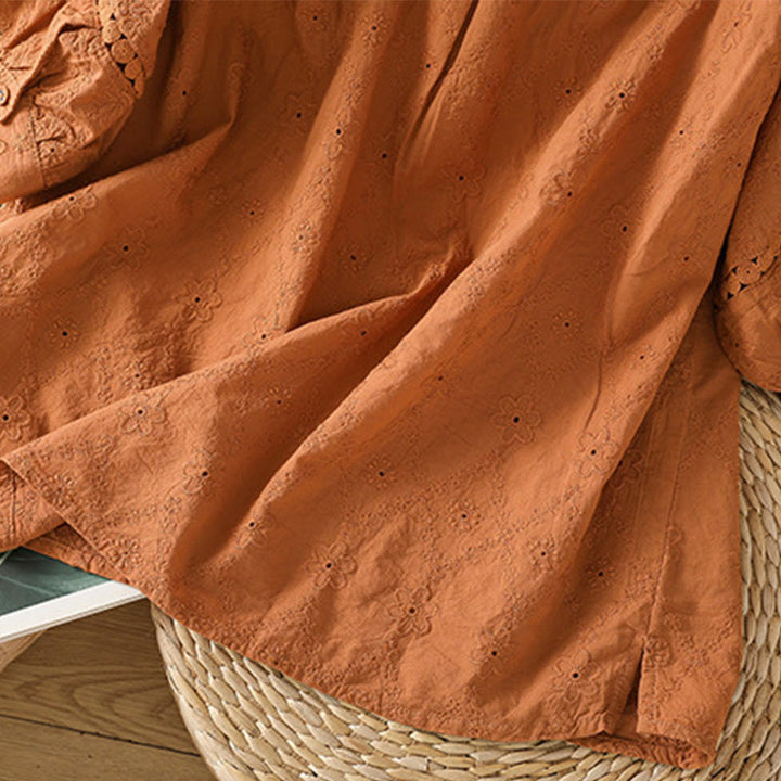 Koszula damska z bawełny i lnu z krótkim rękawem Buddha Stones Casual Plain Hollow Notched - image 5