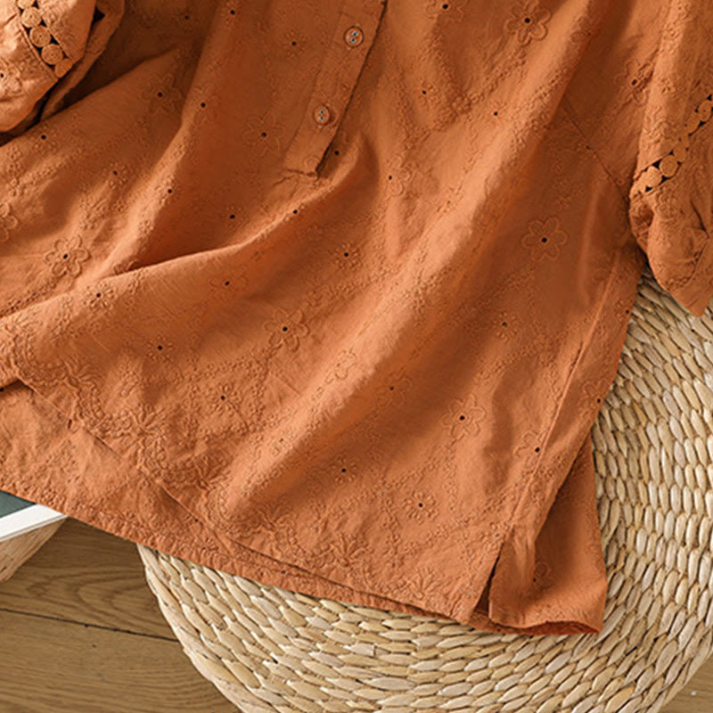 Koszula damska z bawełny i lnu z krótkim rękawem Buddha Stones Casual Plain Hollow Notched - image 6