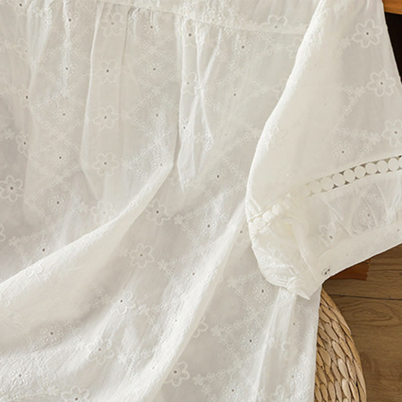 Koszula damska z bawełny i lnu z krótkim rękawem Buddha Stones Casual Plain Hollow Notched - image 15