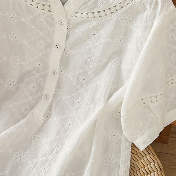 Koszula damska z bawełny i lnu z krótkim rękawem Buddha Stones Casual Plain Hollow Notched - image 14