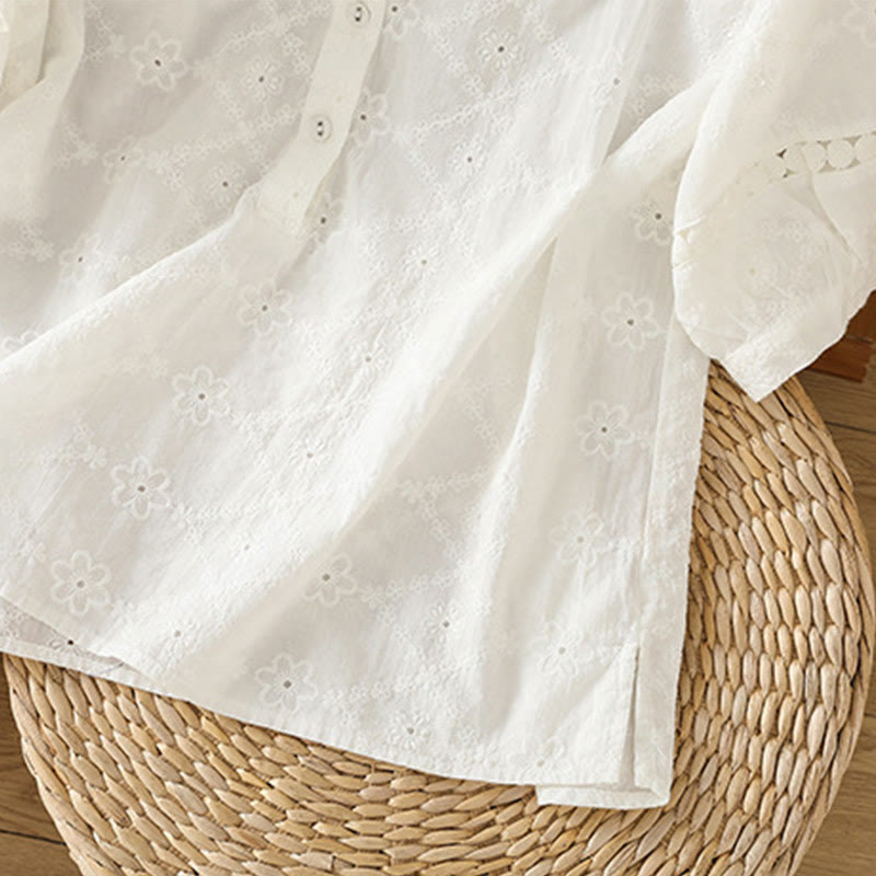 Koszula damska z bawełny i lnu z krótkim rękawem Buddha Stones Casual Plain Hollow Notched - image 13