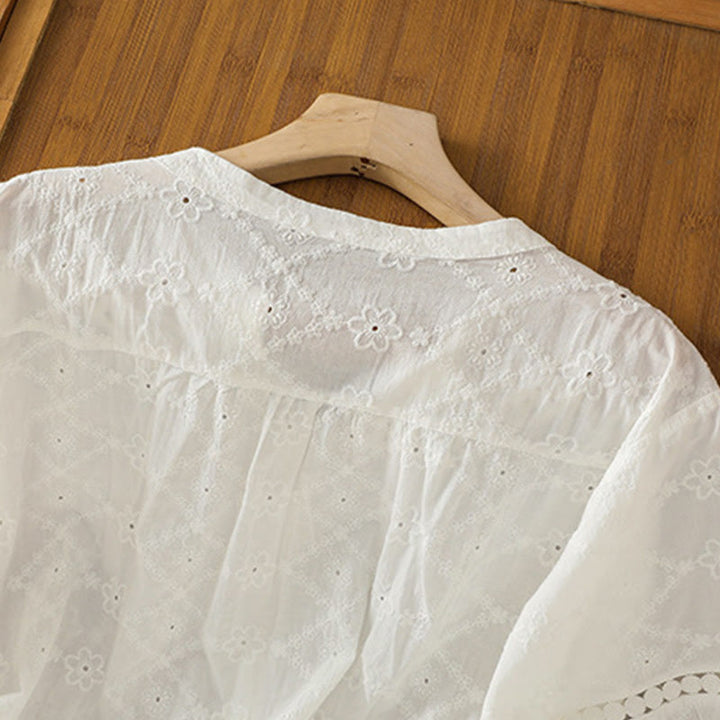 Koszula damska z bawełny i lnu z krótkim rękawem Buddha Stones Casual Plain Hollow Notched - image 10