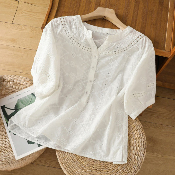 Koszula damska z bawełny i lnu z krótkim rękawem Buddha Stones Casual Plain Hollow Notched - Biały - US8-10，UK/AU12-14，EU40-42 (2XL) - image 7