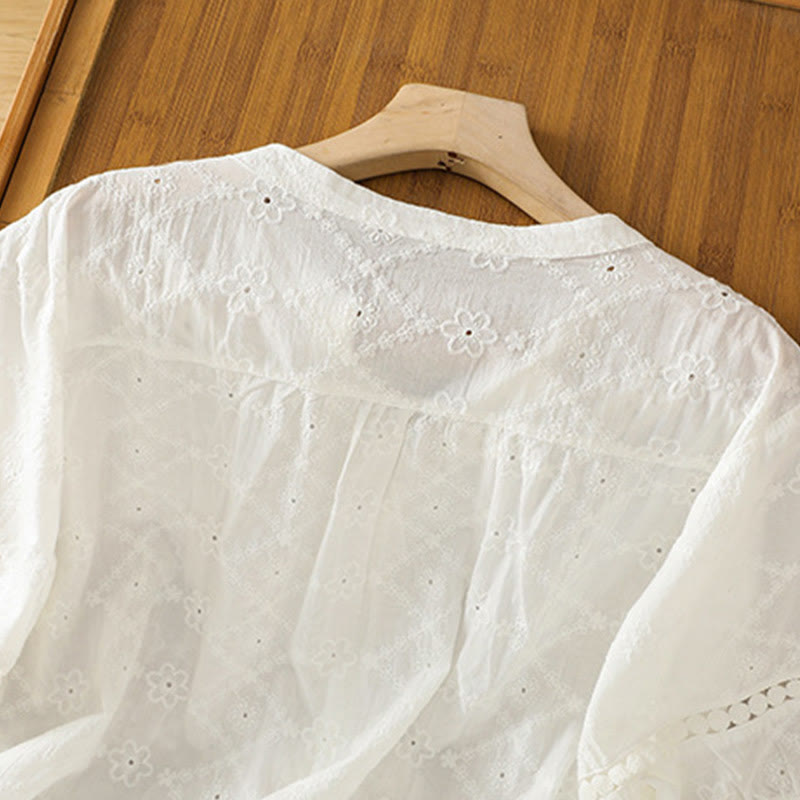 Koszula damska z bawełny i lnu z krótkim rękawem Buddha Stones Casual Plain Hollow Notched - image 12