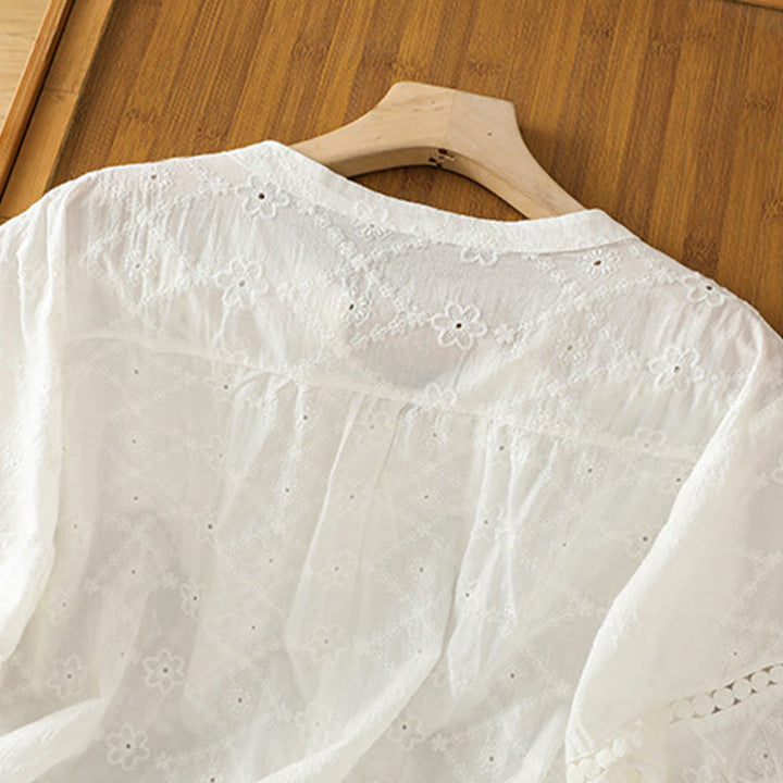 Koszula damska z bawełny i lnu z krótkim rękawem Buddha Stones Casual Plain Hollow Notched - image 12