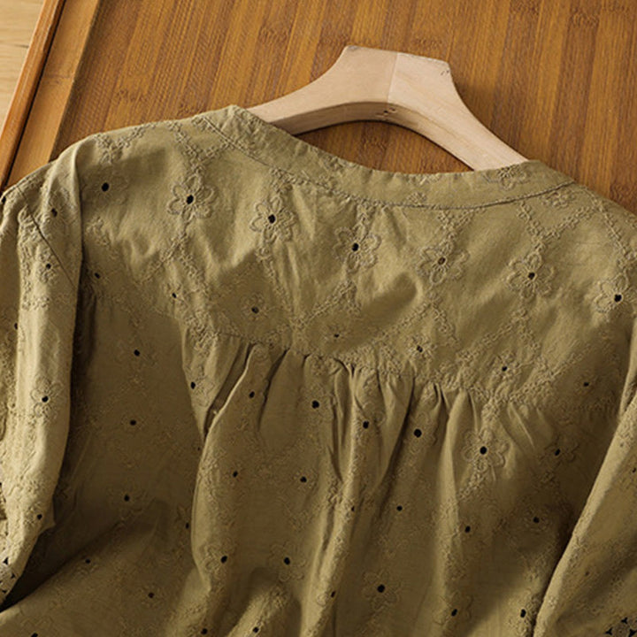 Koszula damska z bawełny i lnu z krótkim rękawem Buddha Stones Casual Plain Hollow Notched - image 20