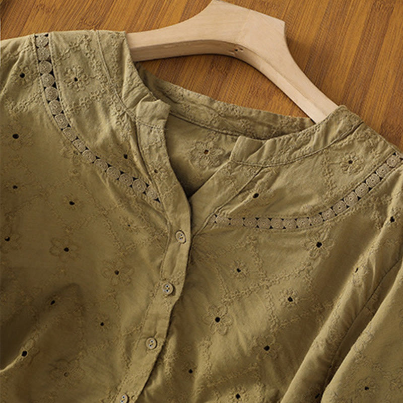 Koszula damska z bawełny i lnu z krótkim rękawem Buddha Stones Casual Plain Hollow Notched - image 19