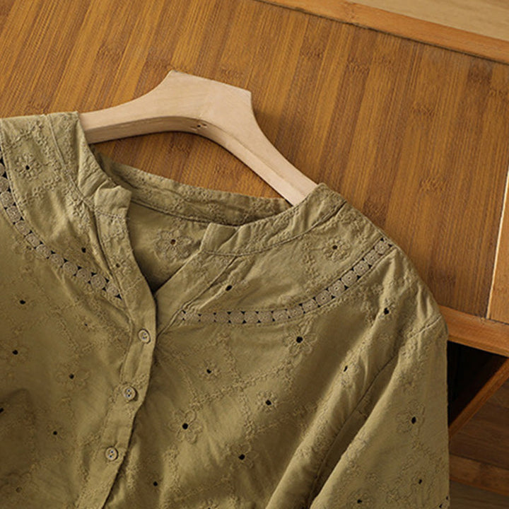 Koszula damska z bawełny i lnu z krótkim rękawem Buddha Stones Casual Plain Hollow Notched - image 18