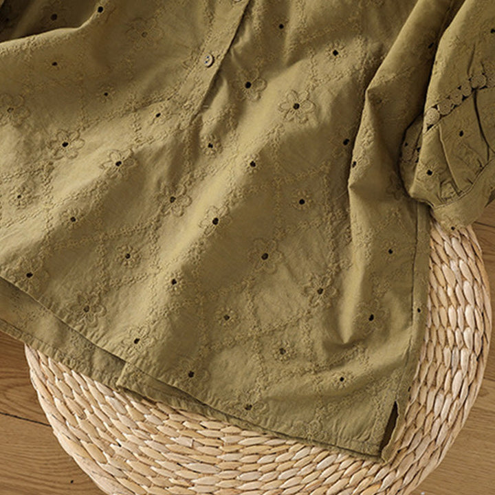 Koszula damska z bawełny i lnu z krótkim rękawem Buddha Stones Casual Plain Hollow Notched - image 23