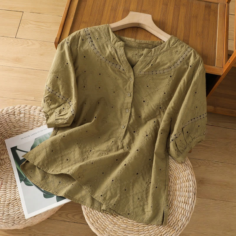 Koszula damska z bawełny i lnu z krótkim rękawem Buddha Stones Casual Plain Hollow Notched - Ciemny Khaki - US8-10，UK/AU12-14，EU40-42 (2XL) - image 16