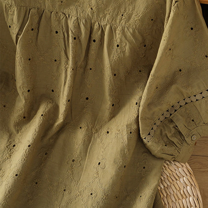 Koszula damska z bawełny i lnu z krótkim rękawem Buddha Stones Casual Plain Hollow Notched - image 22