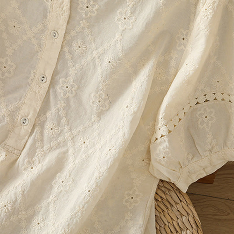 Koszula damska z bawełny i lnu z krótkim rękawem Buddha Stones Casual Plain Hollow Notched - image 27