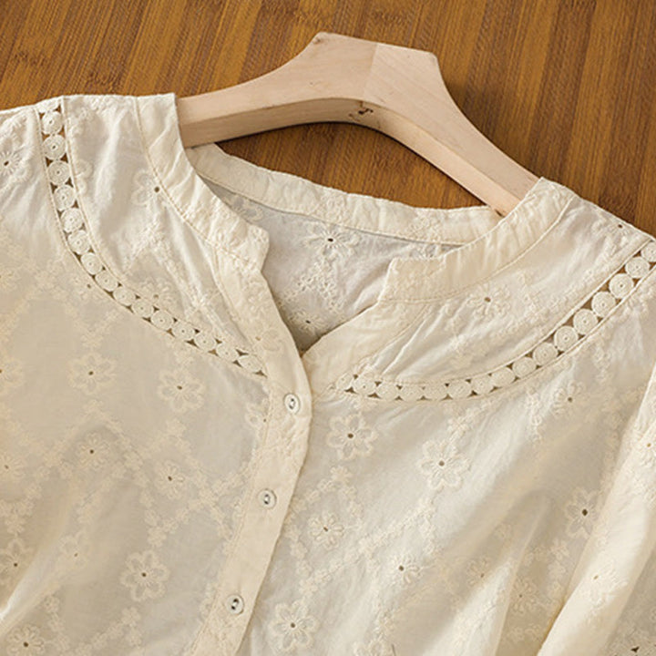 Koszula damska z bawełny i lnu z krótkim rękawem Buddha Stones Casual Plain Hollow Notched - image 25