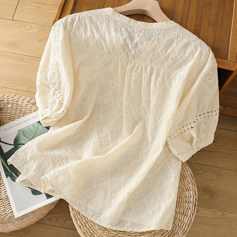 Koszula damska z bawełny i lnu z krótkim rękawem Buddha Stones Casual Plain Hollow Notched - image 29