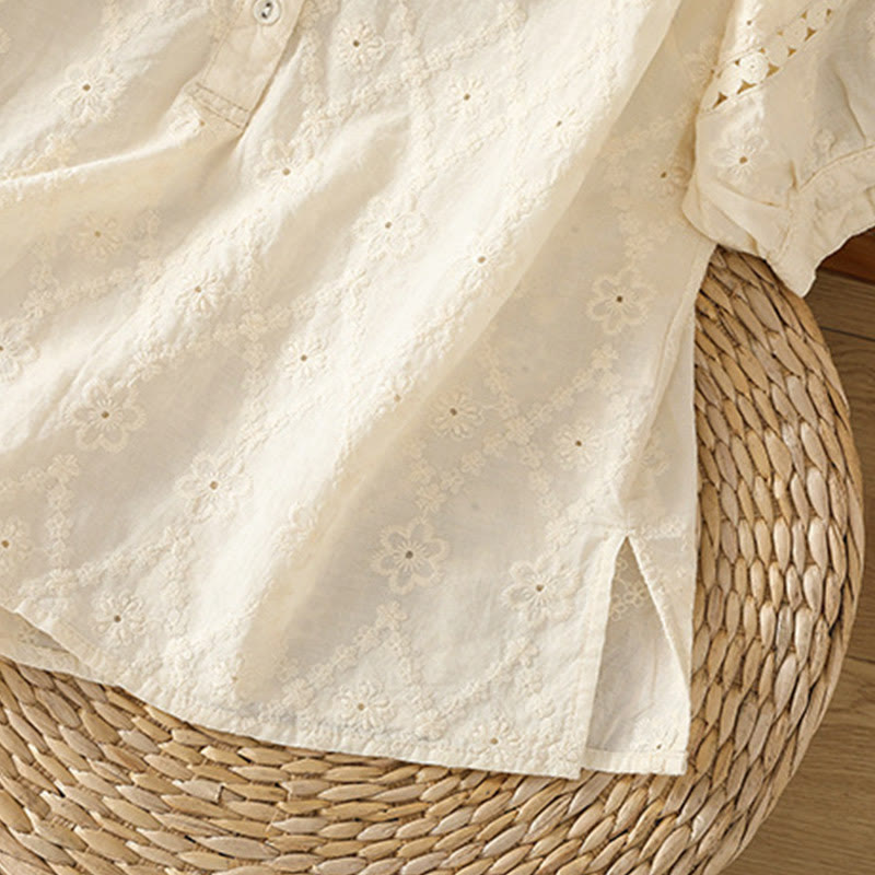 Koszula damska z bawełny i lnu z krótkim rękawem Buddha Stones Casual Plain Hollow Notched - image 30