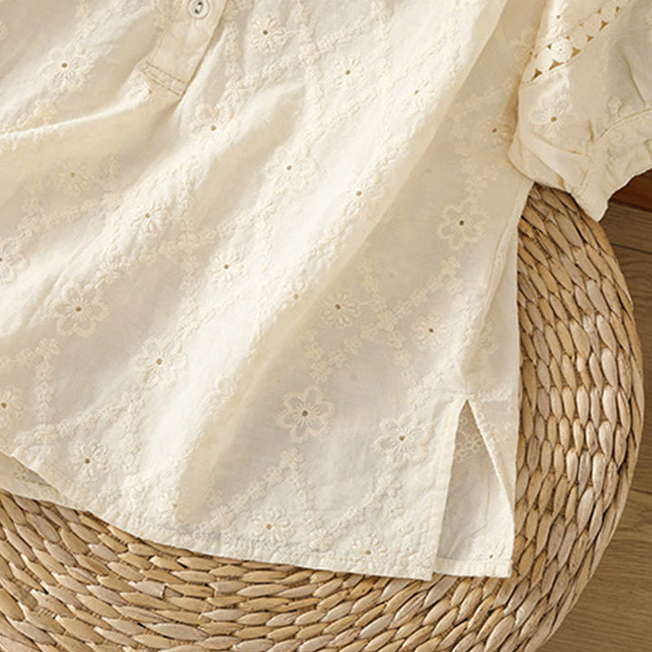 Koszula damska z bawełny i lnu z krótkim rękawem Buddha Stones Casual Plain Hollow Notched - image 30