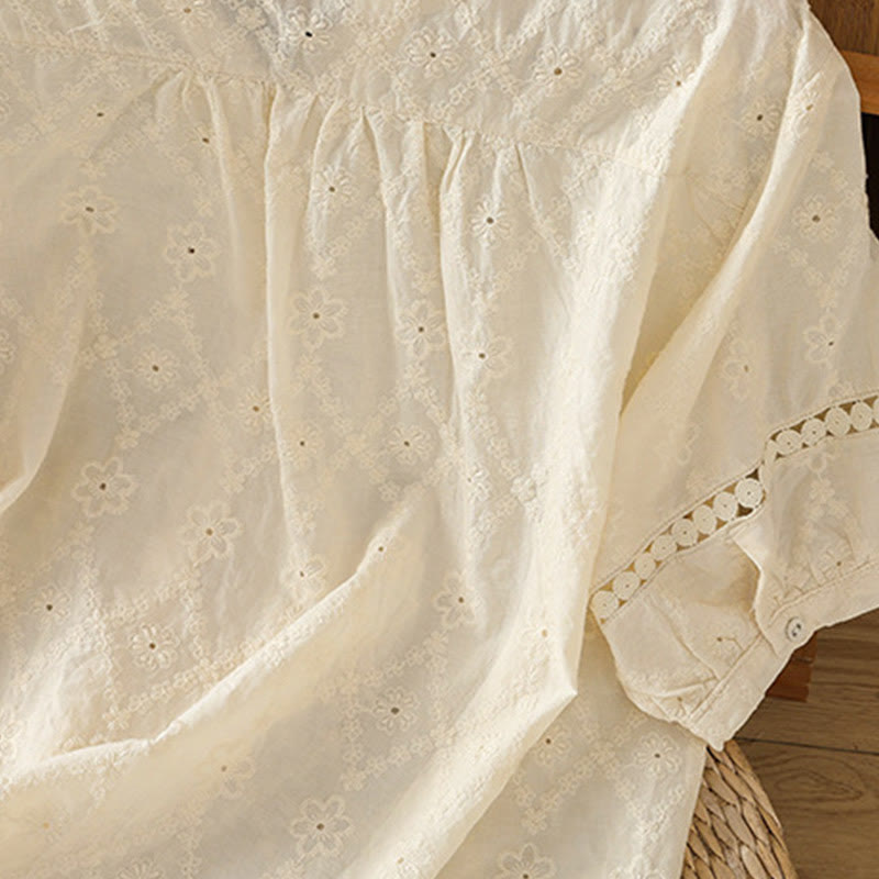 Koszula damska z bawełny i lnu z krótkim rękawem Buddha Stones Casual Plain Hollow Notched - image 28