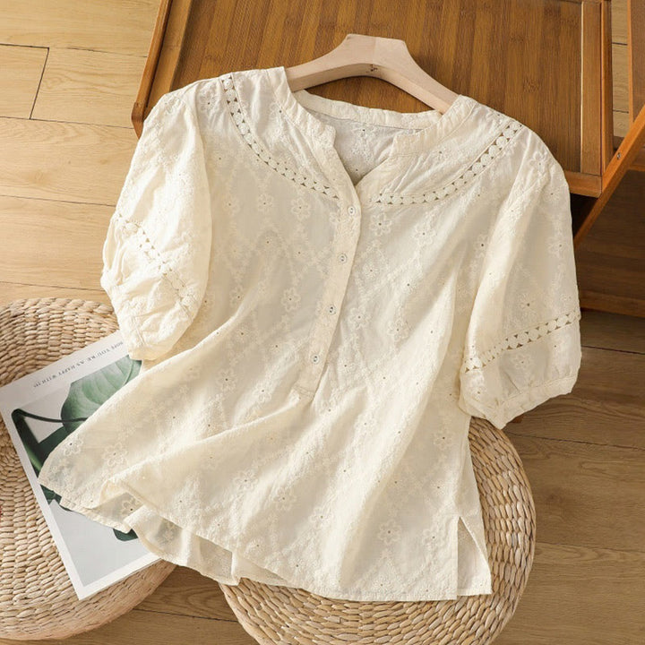 Koszula damska z bawełny i lnu z krótkim rękawem Buddha Stones Casual Plain Hollow Notched - Jasnożółty - US8-10，UK/AU12-14，EU40-42 (2XL) - image 24