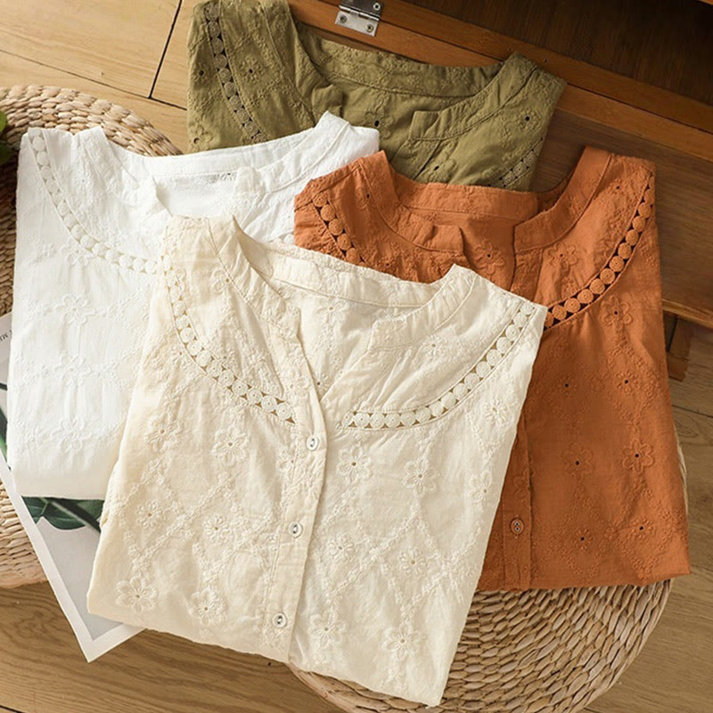 Koszula damska z bawełny i lnu z krótkim rękawem Buddha Stones Casual Plain Hollow Notched - image 31