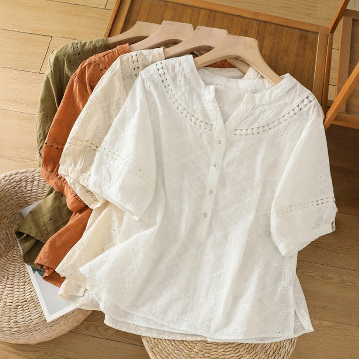 Koszula damska z bawełny i lnu z krótkim rękawem Buddha Stones Casual Plain Hollow Notched - image 32