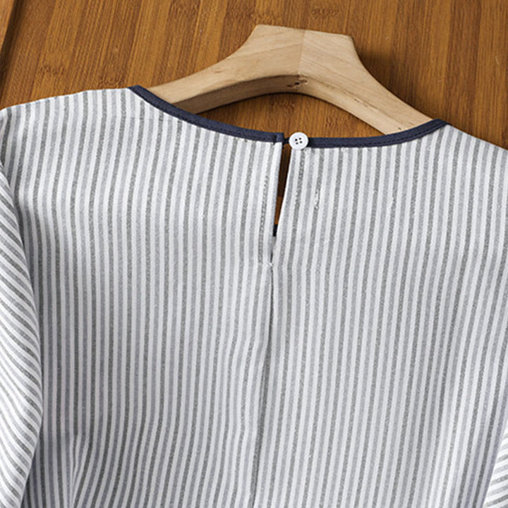 Koszula damska z krótkim rękawem i bawełny z okrągłym dekoltem i paskami Buddha Stones - image 3