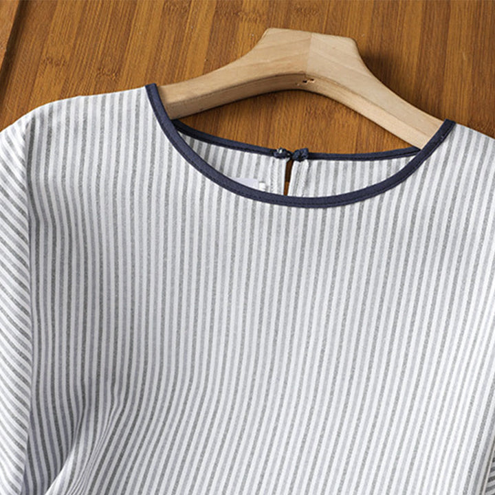 Koszula damska z krótkim rękawem i bawełny z okrągłym dekoltem i paskami Buddha Stones - image 2