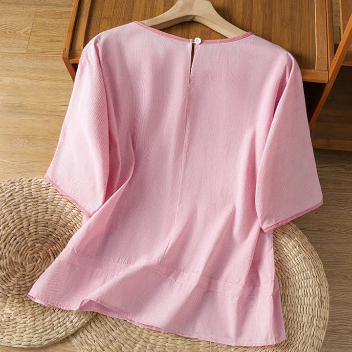 Koszula damska z krótkim rękawem i bawełny z okrągłym dekoltem i paskami Buddha Stones