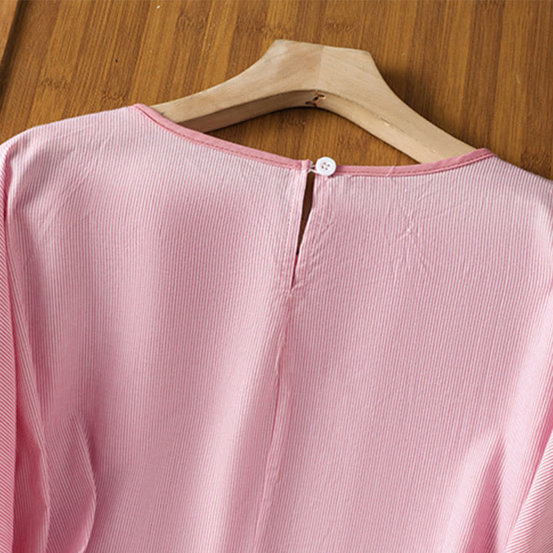 Koszula damska z krótkim rękawem i bawełny z okrągłym dekoltem i paskami Buddha Stones