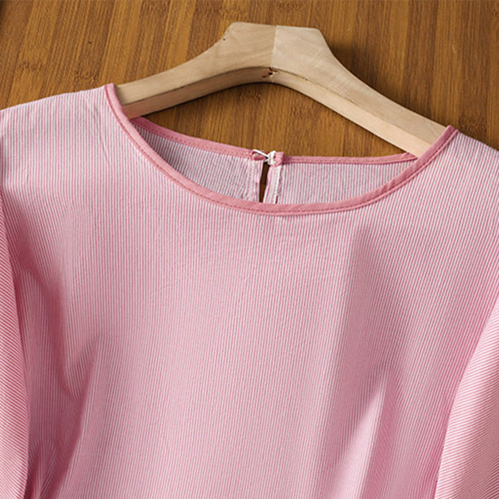 Koszula damska z krótkim rękawem i bawełny z okrągłym dekoltem i paskami Buddha Stones