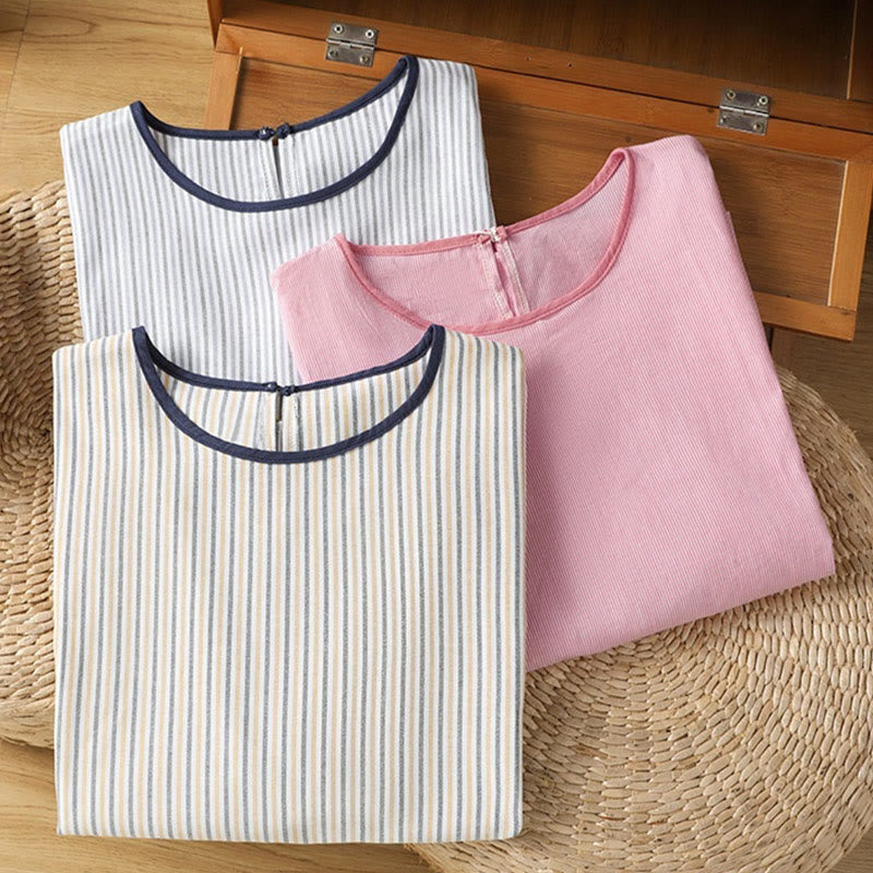 Koszula damska z krótkim rękawem i bawełny z okrągłym dekoltem i paskami Buddha Stones