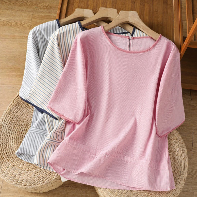 Koszula damska z krótkim rękawem i bawełny z okrągłym dekoltem i paskami Buddha Stones - image 20