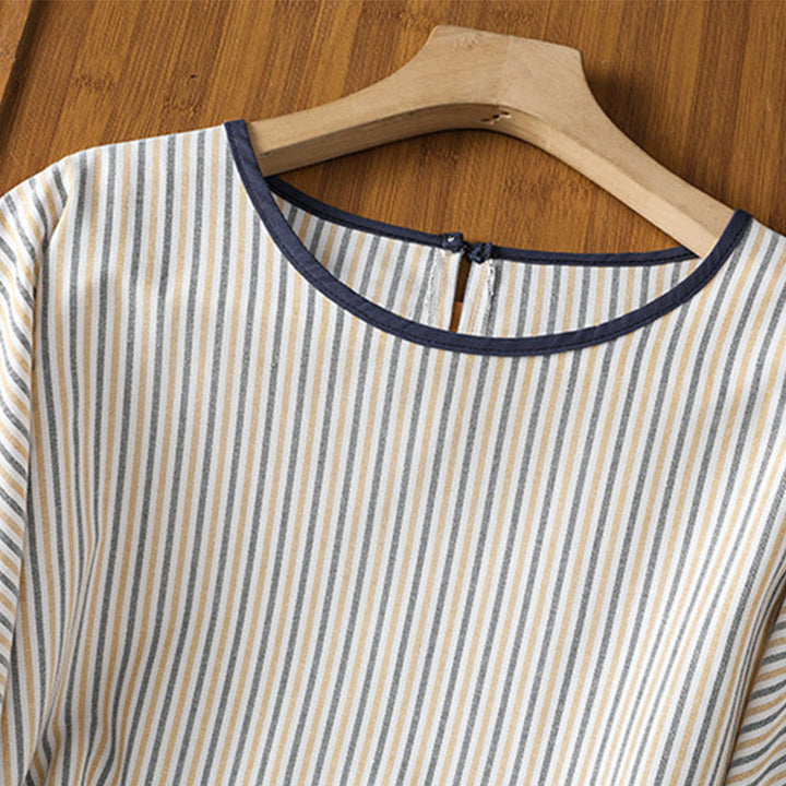 Koszula damska z krótkim rękawem i bawełny z okrągłym dekoltem i paskami Buddha Stones