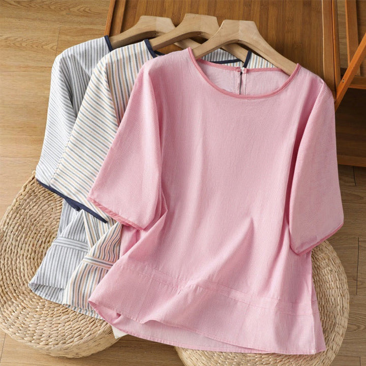 Koszula damska z krótkim rękawem i bawełny z okrągłym dekoltem i paskami Buddha Stones - image 20