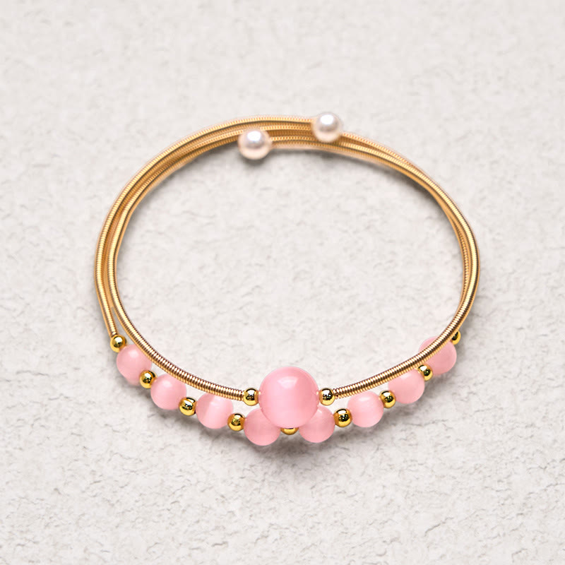 Buddha Stones 14K Złoto Wypełnione Miedzią Różowe Kocie Oko Wsparcie Metalowa Bransoletka Mankietowa Bangle