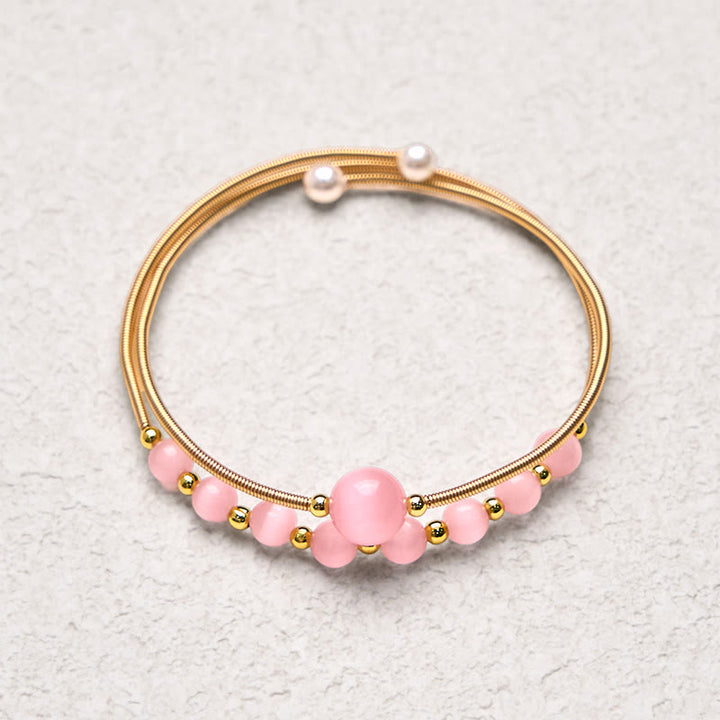 Buddha Stones 14K Złoto Wypełnione Miedzią Różowe Kocie Oko Wsparcie Metalowa Bransoletka Mankietowa Bangle