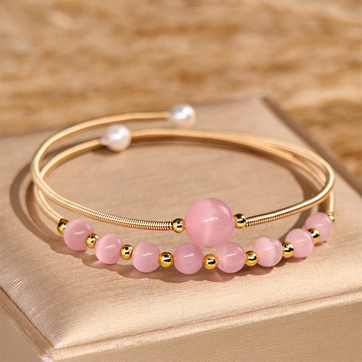 Buddha Stones 14K Złoto Wypełnione Miedzią Różowe Kocie Oko Wsparcie Metalowa Bransoletka Mankietowa Bangle