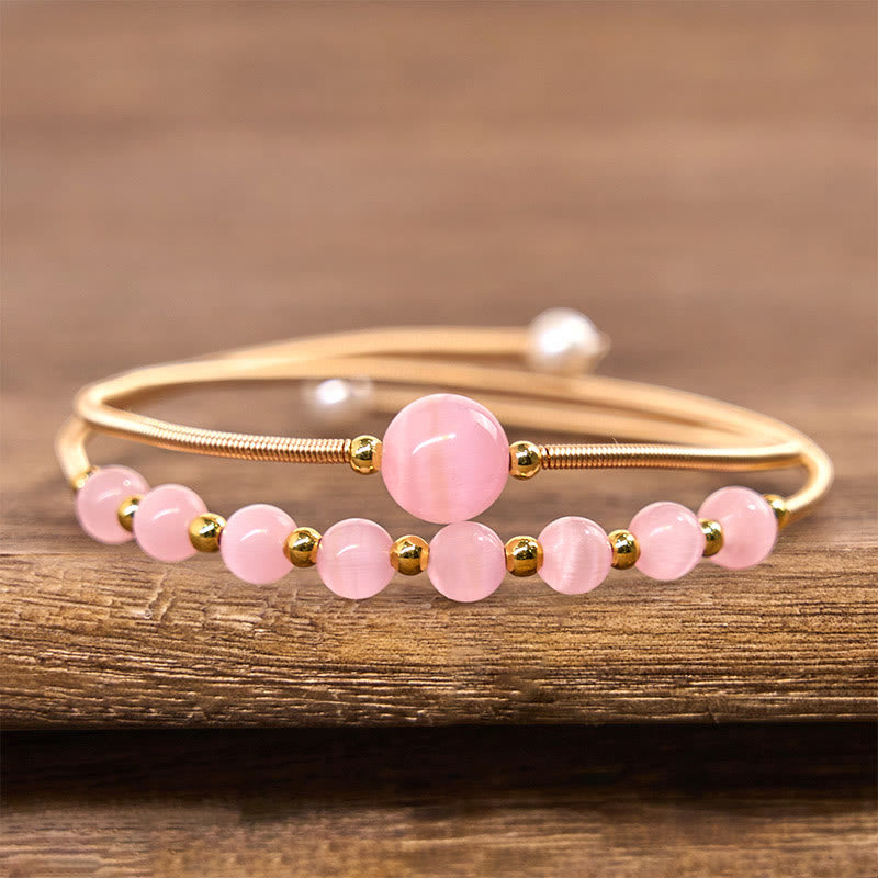 Buddha Stones 14K Złoto Wypełnione Miedzią Różowe Kocie Oko Wsparcie Metalowa Bransoletka Mankietowa Bangle