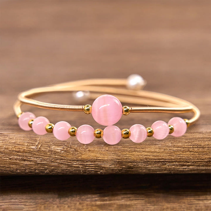 Buddha Stones 14K Złoto Wypełnione Miedzią Różowe Kocie Oko Wsparcie Metalowa Bransoletka Mankietowa Bangle