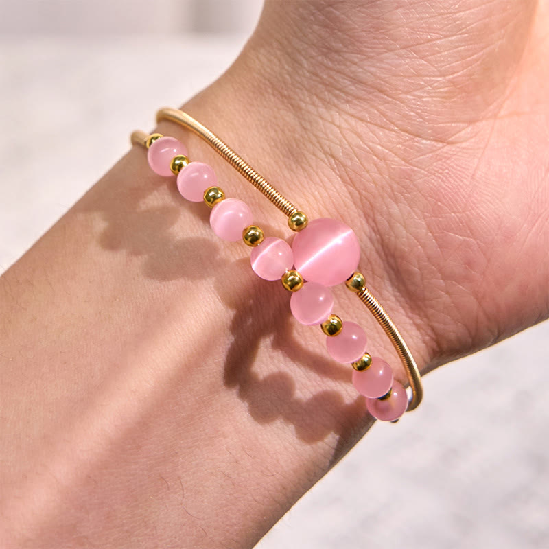 Buddha Stones 14K Złoto Wypełnione Miedzią Różowe Kocie Oko Wsparcie Metalowa Bransoletka Mankietowa Bangle