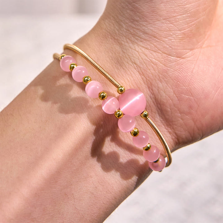 Buddha Stones 14K Złoto Wypełnione Miedzią Różowe Kocie Oko Wsparcie Metalowa Bransoletka Mankietowa Bangle