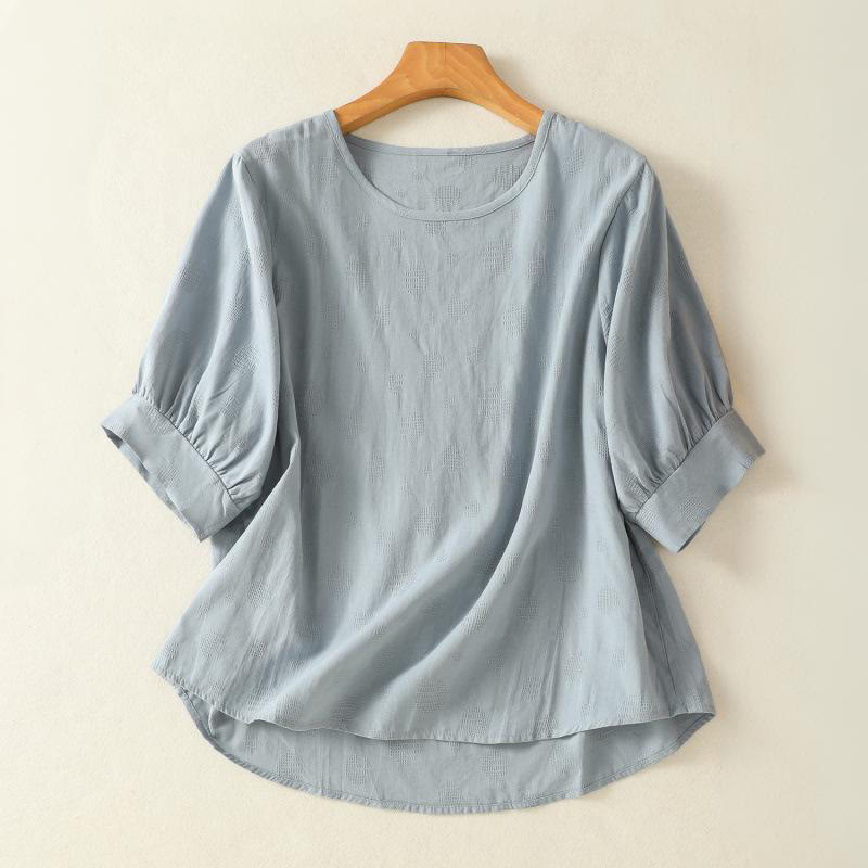 Koszula damska z krótkim rękawem i luźną bawełnianą luźną koszulą z okrągłym dekoltem i Buddha Stones - Jasnoniebieski - US8-10，UK/AU12-14，EU40-42 (2XL) - image 0