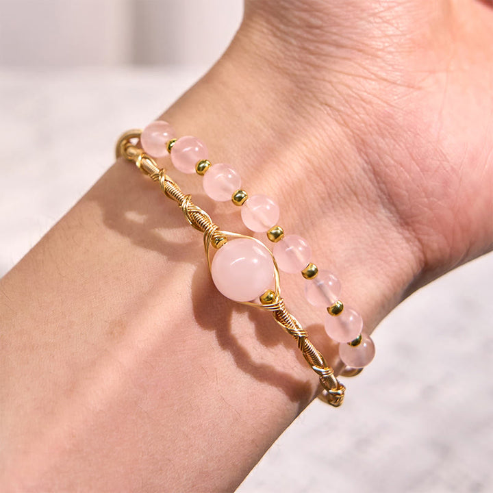 Buddha Stones Naturalny Kwarc Różowy Miłość Uzdrawiająca Metalowa Bransoletka Mankietowa Bangle
