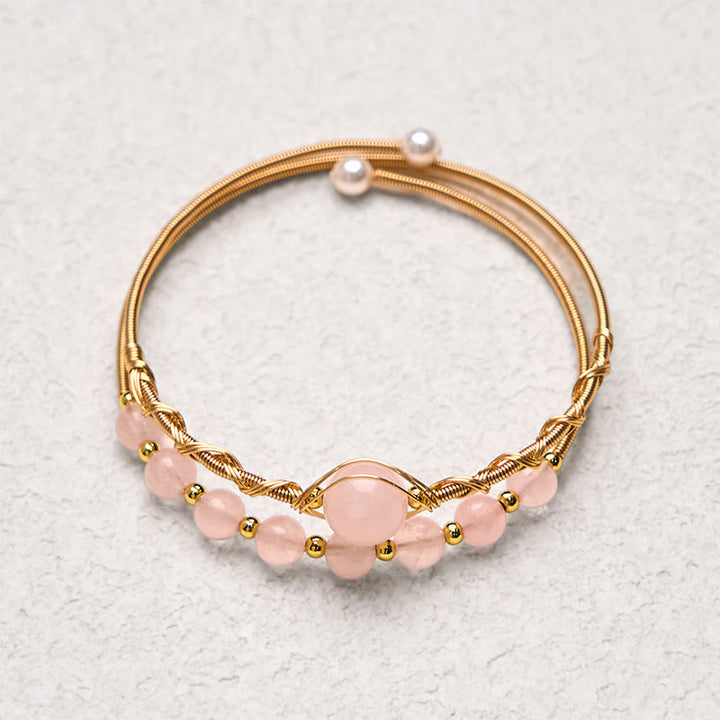 Buddha Stones Naturalny Kwarc Różowy Miłość Uzdrawiająca Metalowa Bransoletka Mankietowa Bangle