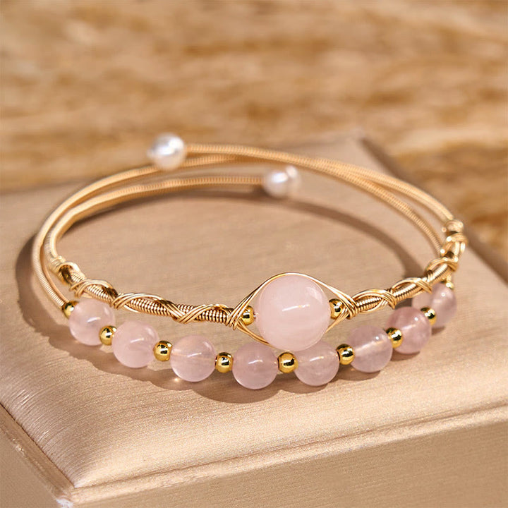 Buddha Stones Naturalny Kwarc Różowy Miłość Uzdrawiająca Metalowa Bransoletka Mankietowa Bangle
