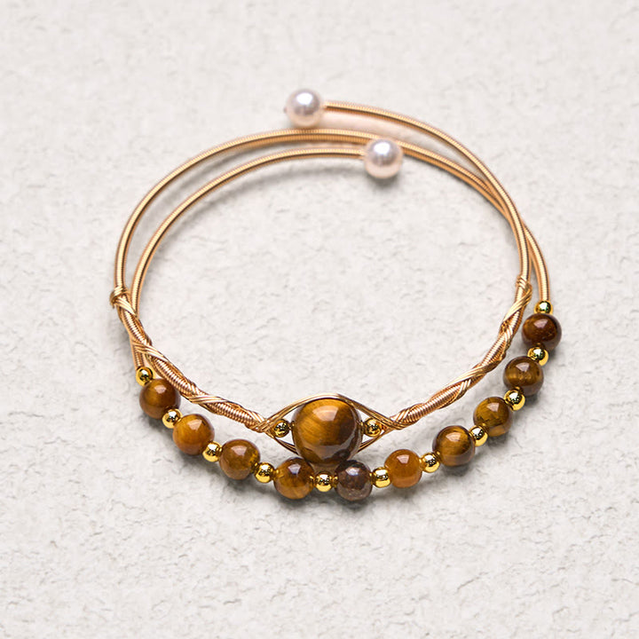 Buddha Stones 14K Złoto Wypełnione Miedzią Naturalne Tygrysie Oko Ochrona Metalowa Bransoletka Mankietowa Bangle