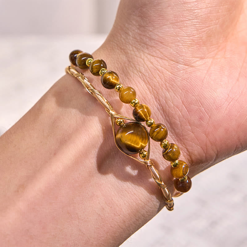 Buddha Stones 14K Złoto Wypełnione Miedzią Naturalne Tygrysie Oko Ochrona Metalowa Bransoletka Mankietowa Bangle