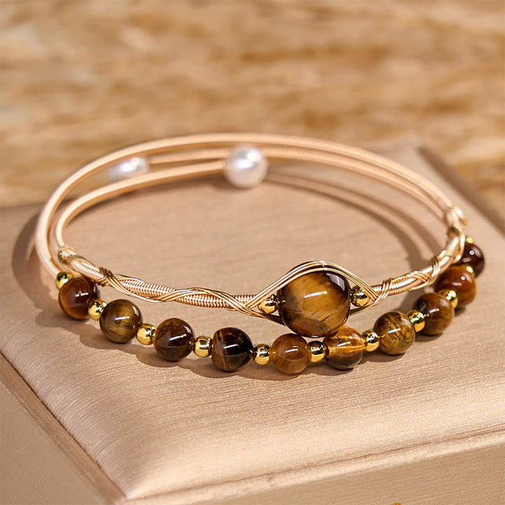 Buddha Stones 14K Złoto Wypełnione Miedzią Naturalne Tygrysie Oko Ochrona Metalowa Bransoletka Mankietowa Bangle