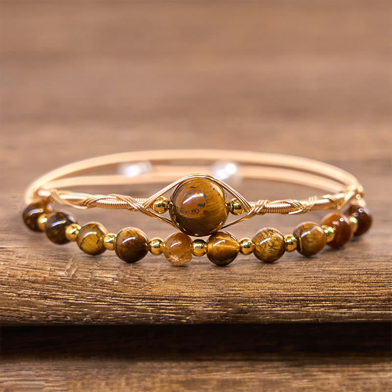 Buddha Stones 14K Złoto Wypełnione Miedzią Naturalne Tygrysie Oko Ochrona Metalowa Bransoletka Mankietowa Bangle